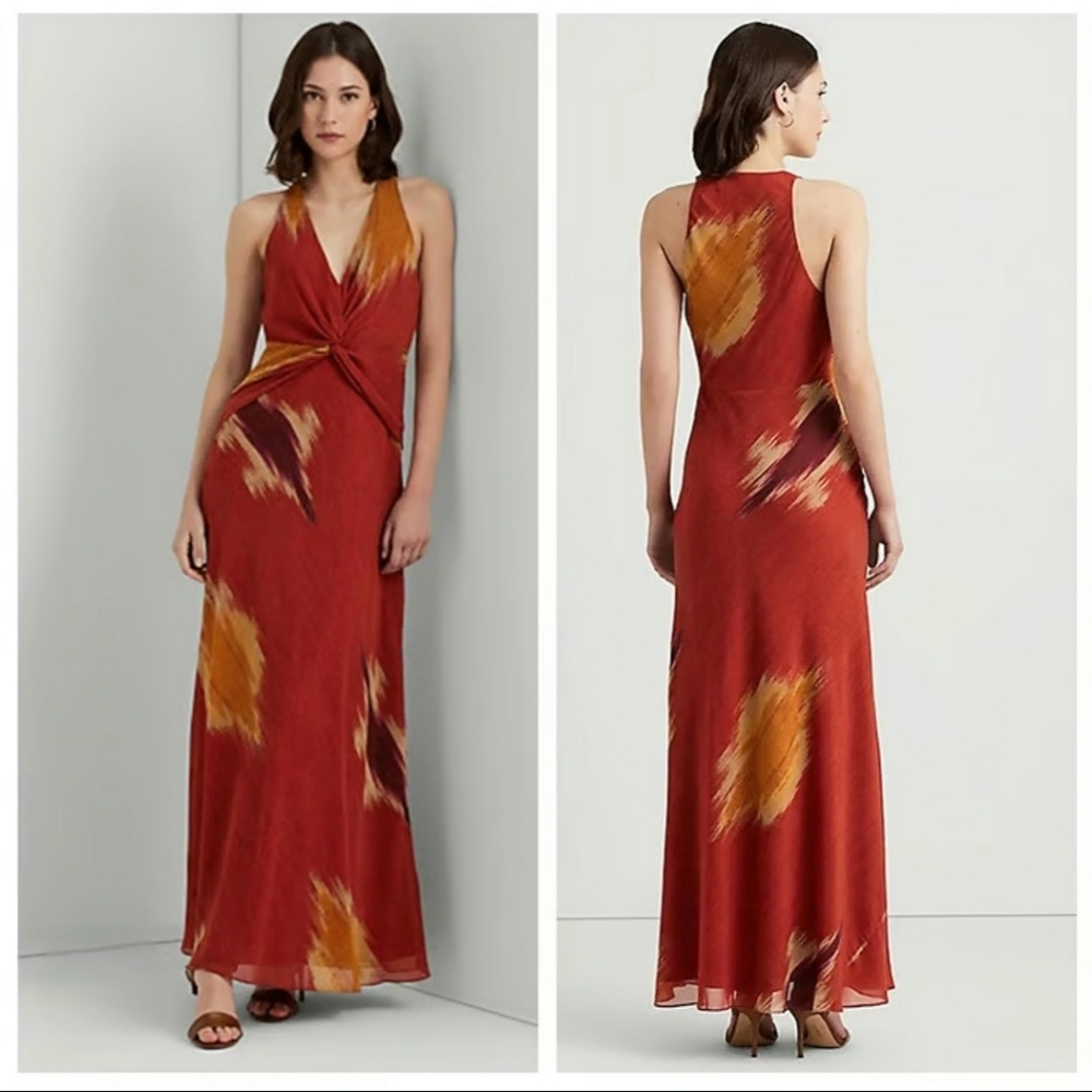 Lauren Ralph Lauren Geo-Print Crinkle Georgette Halter Gown Sz 14 Evening Formal
